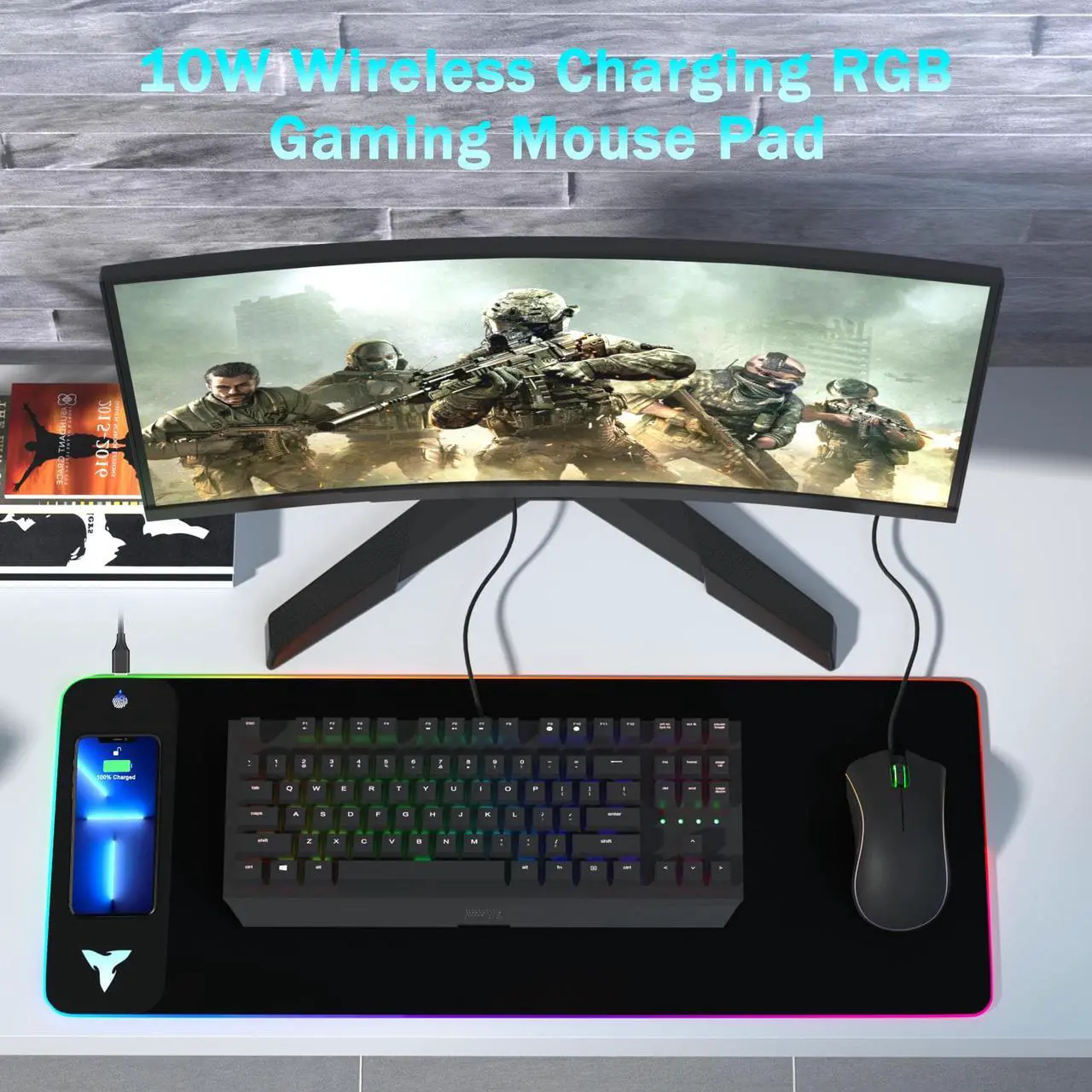 Alt view image 4 of 7 - TIBURN RGB Pad Wireless Charger Mouse Pad with Non-Slip Base 15W Keyboard Pad Durable Stitched Edges Wireless Charging large mouse Mat
