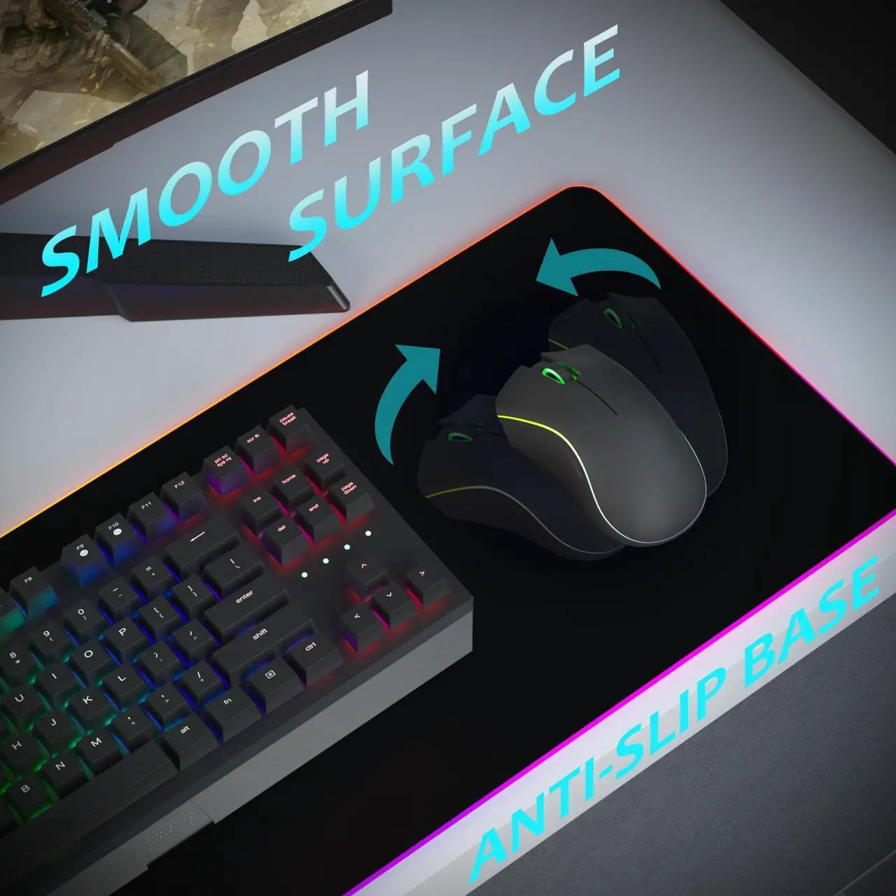 Alt view image 2 of 7 - TIBURN RGB Pad Wireless Charger Mouse Pad with Non-Slip Base 15W Keyboard Pad Durable Stitched Edges Wireless Charging large mouse Mat