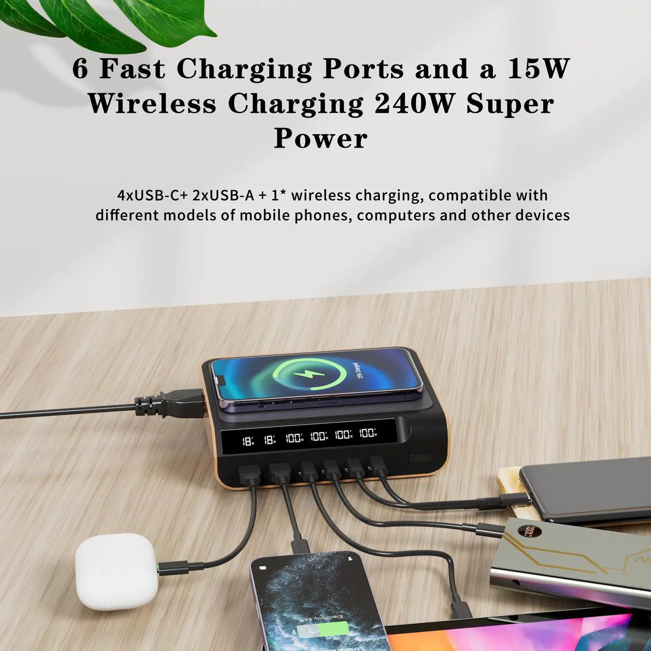Alt view image 3 of 6 - TIBURN 240W GaN Charger Station Desktop with Digital Display Screen USB C Fast Charging Wireless Charger USB A Charger Power Adapter for iPad Phone Laptop for Office
