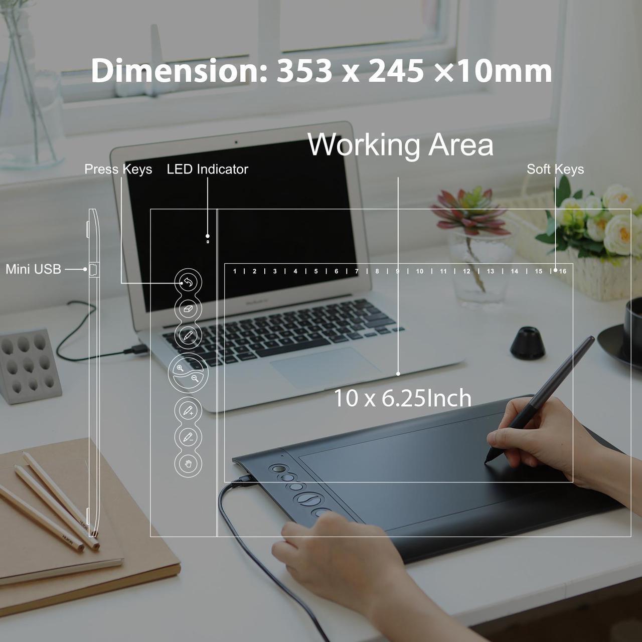 Alt view image 5 of 6 - Huion H610 Pro V2 10x6.25 inch Graphics Tablet Drawing Pen Tablet Battery-free Pen with PW100  8 Programmable Press Keys and 16 Programmable Soft Keys