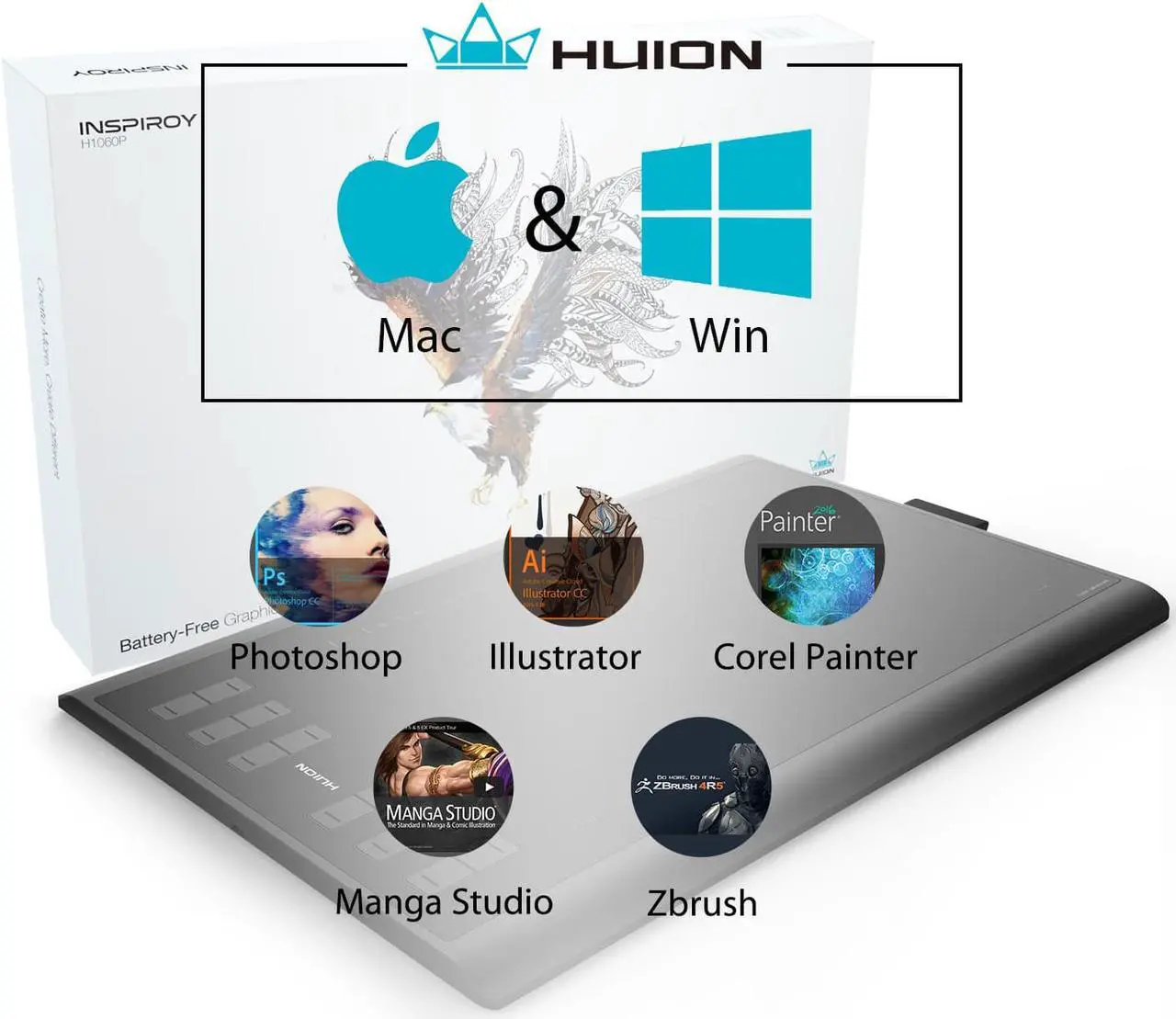 Alt view image 5 of 5 - HUION Inspiroy H1060P OTG 10 x 6.25 inch Graphic Drawing  Pen Tablet 8192 ±60° tilt with battery-free Pen PW100
