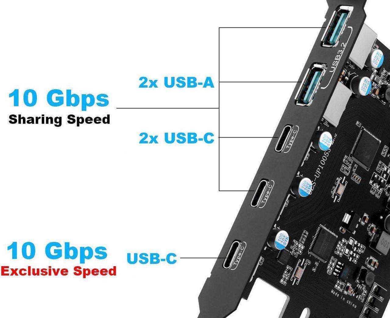 Alt view image 2 of 6 - PCIe 3.0/4.0 to 10Gbps USB 3.2 Gen2 Expansion Card,5-Ports (3x USB Type-C,2x USB A) to PCI Express x4 PC Internal USB Hub for Windows 10/8/7 Linux and MAC OS 10.8.2 above with Full-Profile Slot Cover