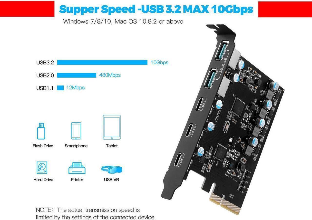 Alt view image 4 of 6 - PCIe 3.0/4.0 to 10Gbps USB 3.2 Gen2 Expansion Card,5-Ports (3x USB Type-C,2x USB A) to PCI Express x4 PC Internal USB Hub for Windows 10/8/7 Linux and MAC OS 10.8.2 above with Full-Profile Slot Cover
