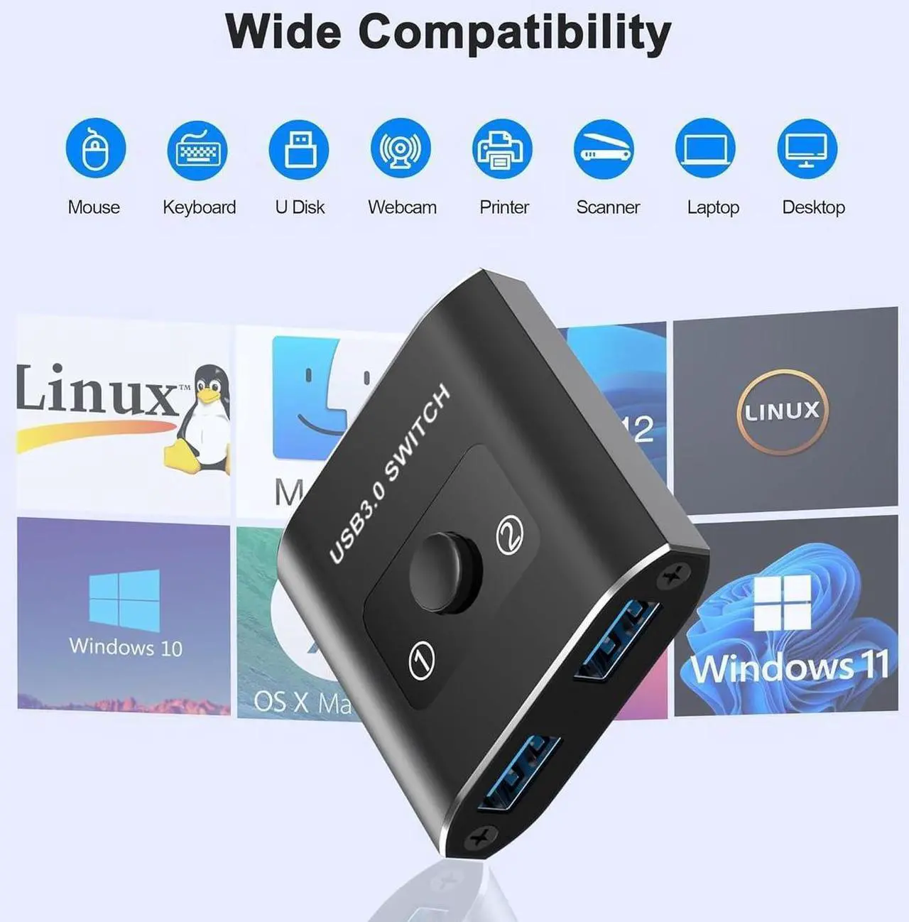 Alt view image 2 of 7 - USB 3.0 Switch, Bi-Directional USB Switcher, USB Splitter 1 in 2 Out/2 in 1 Out, Aluminum USB Switch 2 Computers Share Printer, Mouse, Keyboard, USB Sharing Switch with 2 USB 3.0 Cable