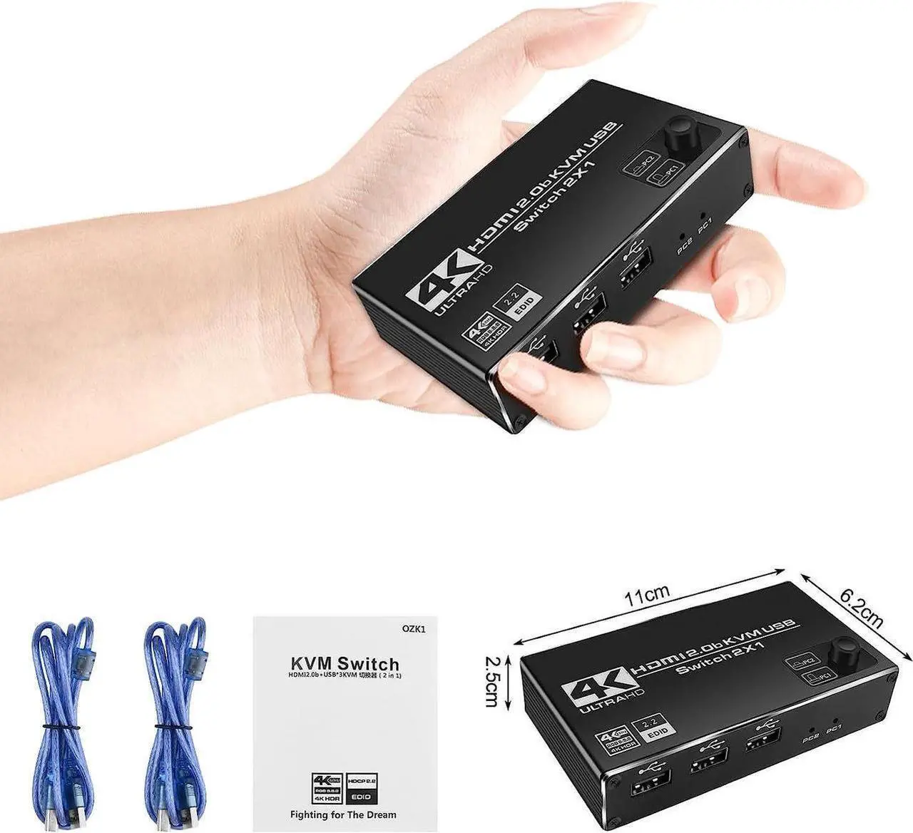 Alt view image 7 of 7 - 2 Port HDMI KVM Switch 2 in 1 Out, 4K @60Hz HDMI USB2.0 KVM Switch for 2 Computers 1 Monitor Share Keyboard Mouse Button Switch, Metal Case, Button & Hotkey Switch, With 2 USB Cables
