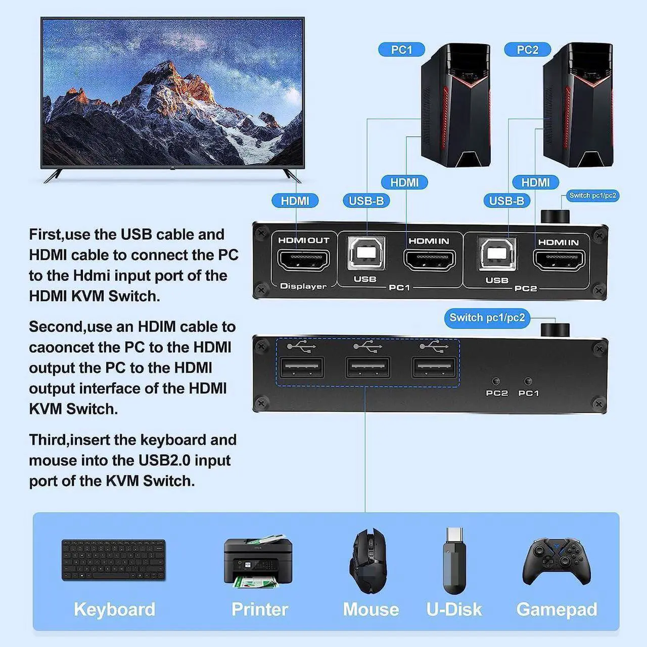 Alt view image 2 of 7 - 2 Port HDMI KVM Switch 2 in 1 Out, 4K @60Hz HDMI USB2.0 KVM Switch for 2 Computers 1 Monitor Share Keyboard Mouse Button Switch, Metal Case, Button & Hotkey Switch, With 2 USB Cables