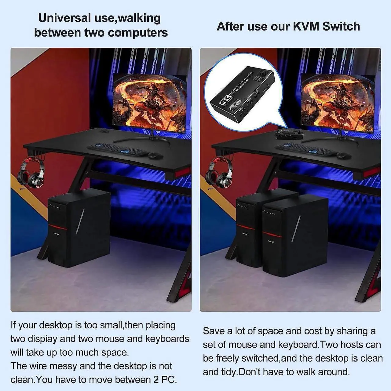 Alt view image 3 of 7 - 2 Port HDMI KVM Switch 2 in 1 Out, 4K @60Hz HDMI USB2.0 KVM Switch for 2 Computers 1 Monitor Share Keyboard Mouse Button Switch, Metal Case, Button & Hotkey Switch, With 2 USB Cables