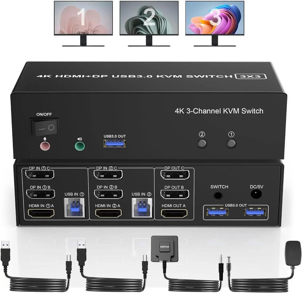 Main image of HDMI + 2 Displayport USB 3.0 KVM Switch Triple Monitor for 2 Computers, 4K@60Hz KVM Switch 2 Computers 3 Monitors with Audio Microphone Output and 3 USB 3.0 Ports, Keyboard Mouse Switcher