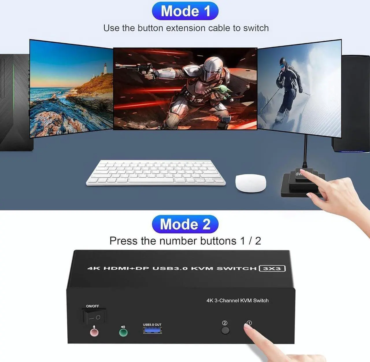 Alt view image 5 of 7 - HDMI + 2 Displayport USB 3.0 KVM Switch Triple Monitor for 2 Computers, 4K@60Hz KVM Switch 2 Computers 3 Monitors with Audio Microphone Output and 3 USB 3.0 Ports, Keyboard Mouse Switcher