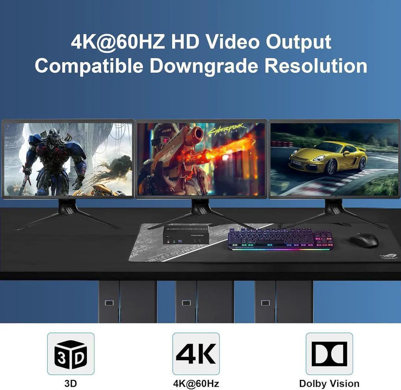 Alt view image 4 of 7 - HDMI + 2 Displayport USB 3.0 KVM Switch Triple Monitor for 2 Computers, 4K@60Hz KVM Switch 2 Computers 3 Monitors with Audio Microphone Output and 3 USB 3.0 Ports, Keyboard Mouse Switcher