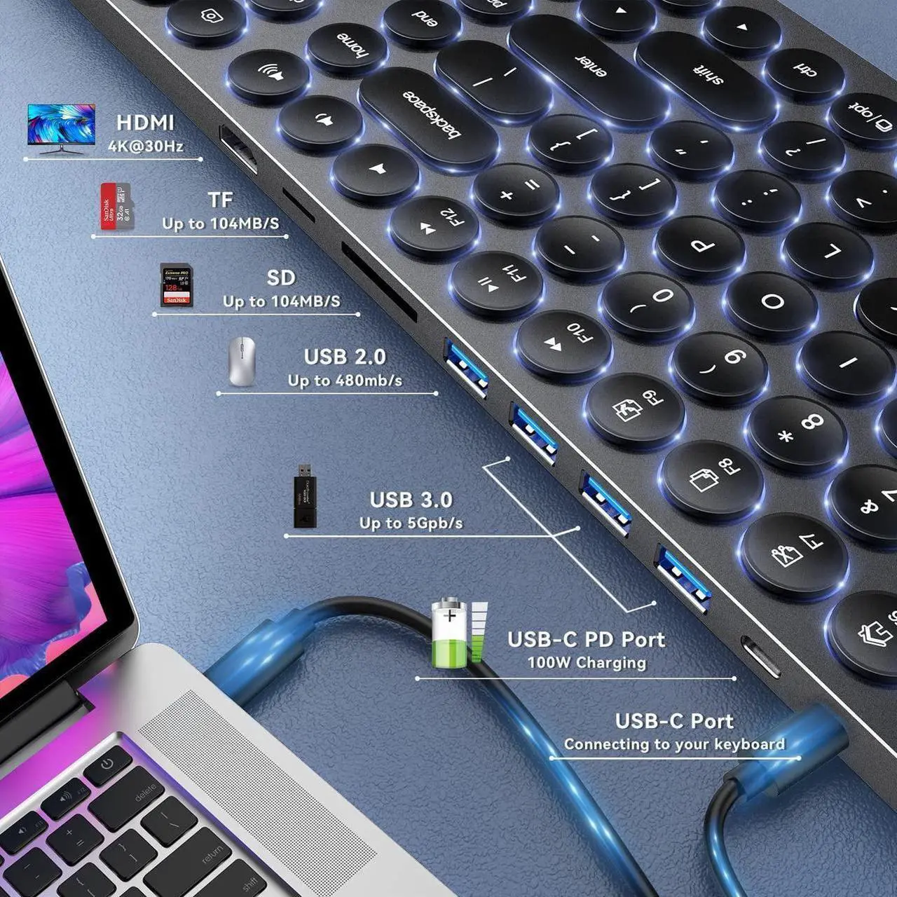 Alt view image 2 of 7 - USB C Hub Wired Keyboard with Number Pad for Mac, 9 in 1 USB C Docking Station with 4K HDMI, 4 USB Ports, 100W PD, SD/TF Cards Reader, Full-Size Aluminum Keyboard for MacBook/MacOS/Windows/Android