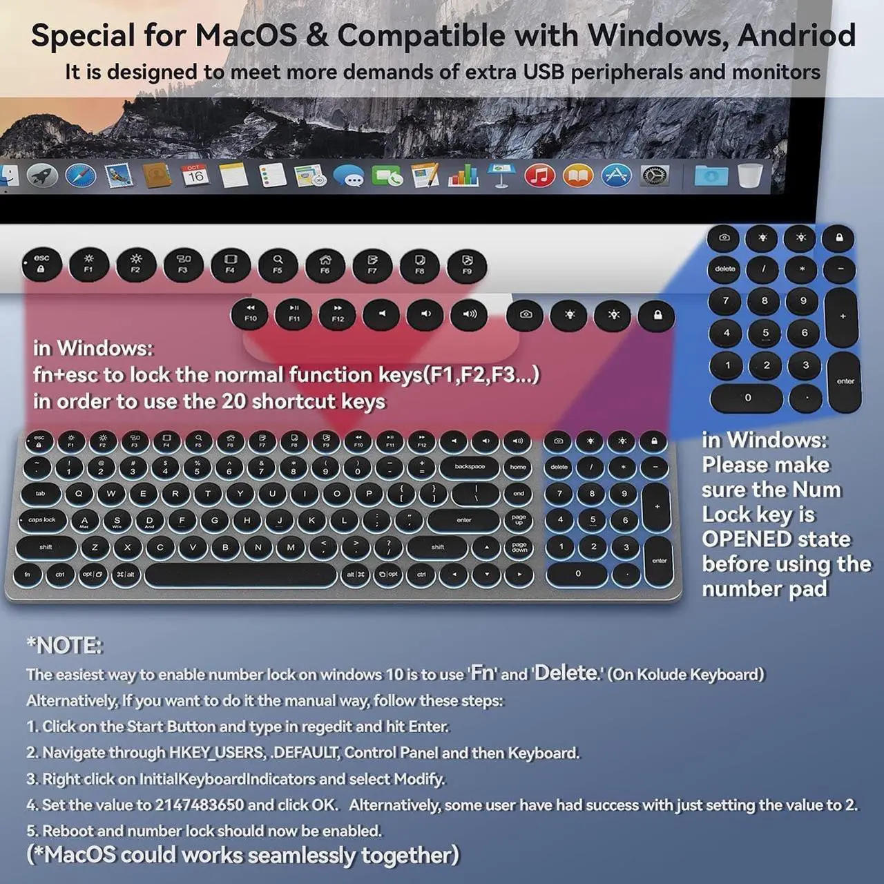Alt view image 6 of 7 - USB C Hub Wired Keyboard with Number Pad for Mac, 9 in 1 USB C Docking Station with 4K HDMI, 4 USB Ports, 100W PD, SD/TF Cards Reader, Full-Size Aluminum Keyboard for MacBook/MacOS/Windows/Android