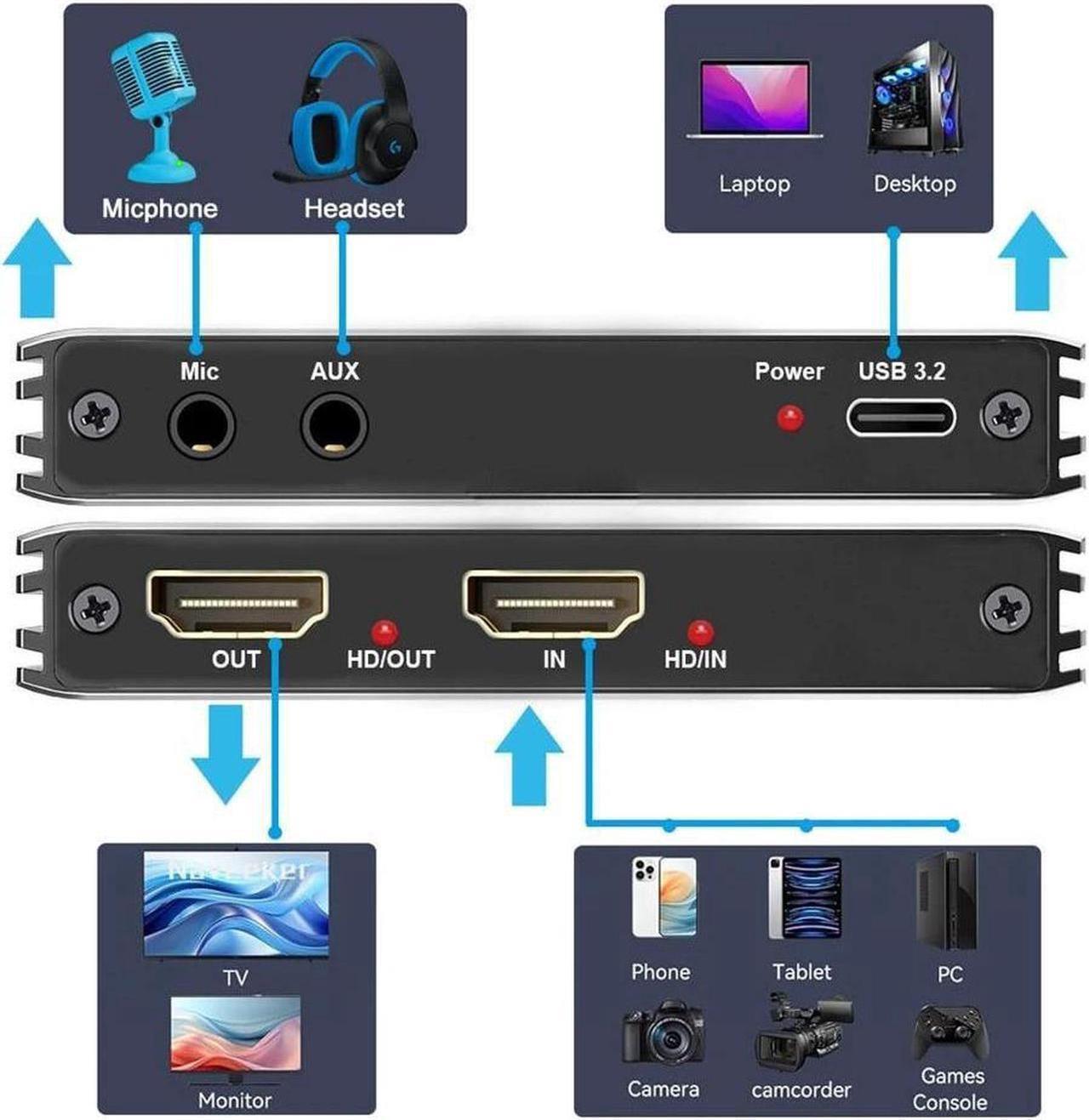 Alt view image 2 of 7 - 4K@60Hz External USB3.2 Capture Card, Stream and Record in 4K 60FPS 2K 144fps with ultra-low latency on Nintendo Switch/PS5/OBS/PC/Camera, in OBS and more, works with PC and Mac