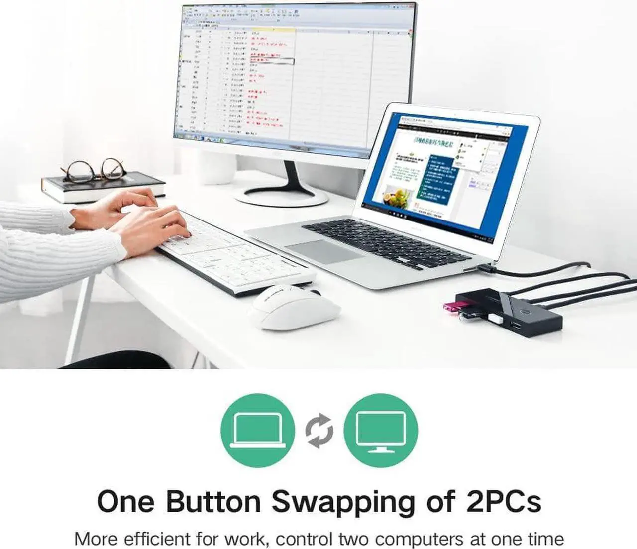Alt view image 7 of 7 - USB Switch Selector 2 Computers Sharing 4 USB Devices USB 2.0 Peripheral Switcher Box Hub for Keyboard, Mouse, Scanner, Printer, with One-Button Swapping and 2 USB Cables