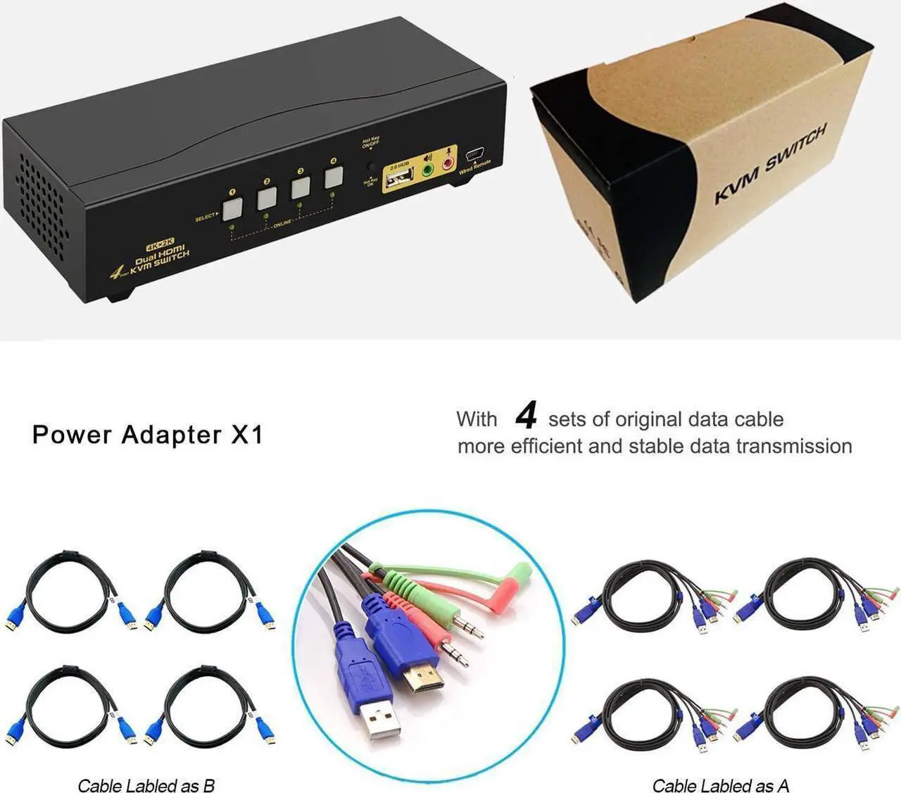 Alt view image 7 of 7 - HDMI KVM Switch 2 Port Dual Monitor Extended Display 4K @30Hz, Dual View PC Monitor Keyboard Mouse Selector Box with Audio Microphone Output and USB 2.0 Hub for Computers and Laptop