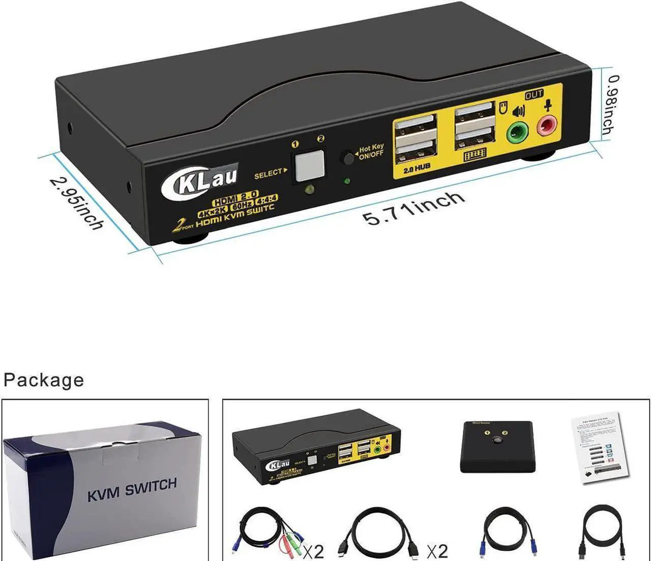 Alt view image 6 of 6 - 2 Port KVM Switch HDMI, Dual Port KVM HDMI Switch with Audio, Microphone, 2 USB 2.0 Hub and Cables Support Wireless Keyboard Mouse Resolution Up to 4Kx2K@60Hz 4:4:4