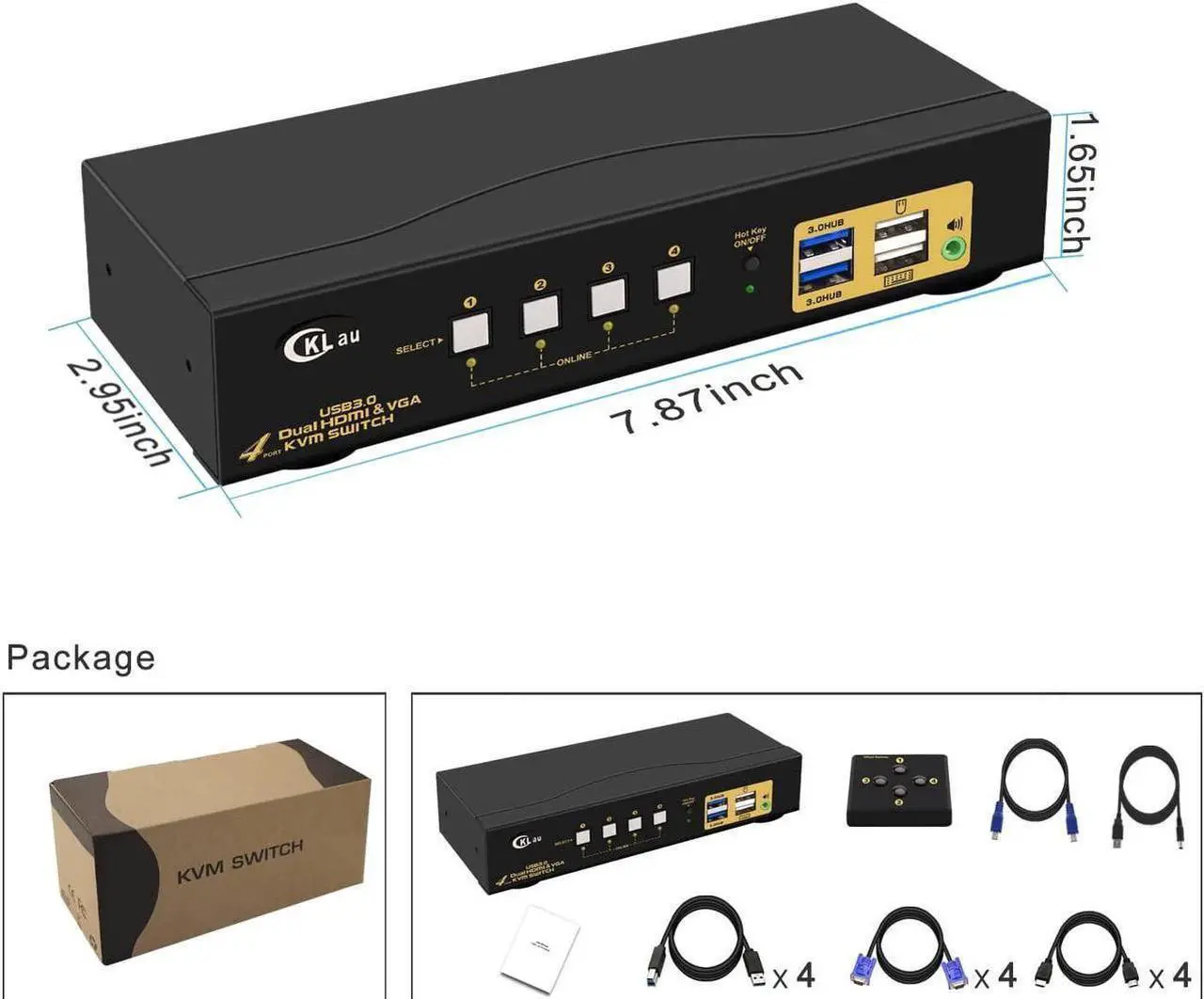 Alt view image 6 of 6 - 4x2 USB 3.0 VGA + HDMI KVM Switch 2 Monitors 4K@60Hz with Cables and Audio, PCs Monitor Keyboard Video Mouse Peripherals Sharing Box