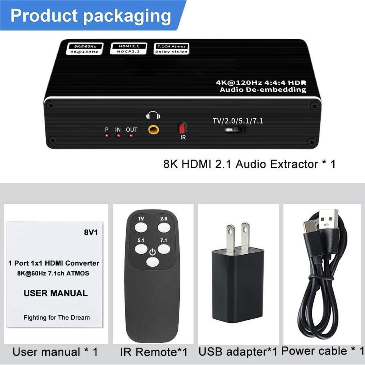 Alt view image 7 of 7 - 8K HDMI Audio Extractor Splitter, HDMI to HDMI + Optical Toslink SPDIF + 3.5mm Audio Jack + Coaxial + 7.1Ch HDMI Audio