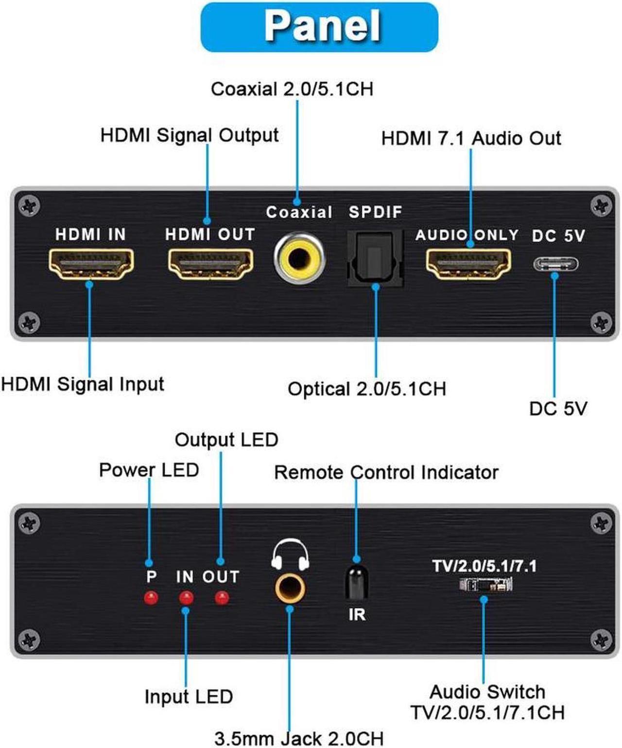 Alt view image 2 of 7 - 8K HDMI Audio Extractor Splitter, HDMI to HDMI + Optical Toslink SPDIF + 3.5mm Audio Jack + Coaxial + 7.1Ch HDMI Audio