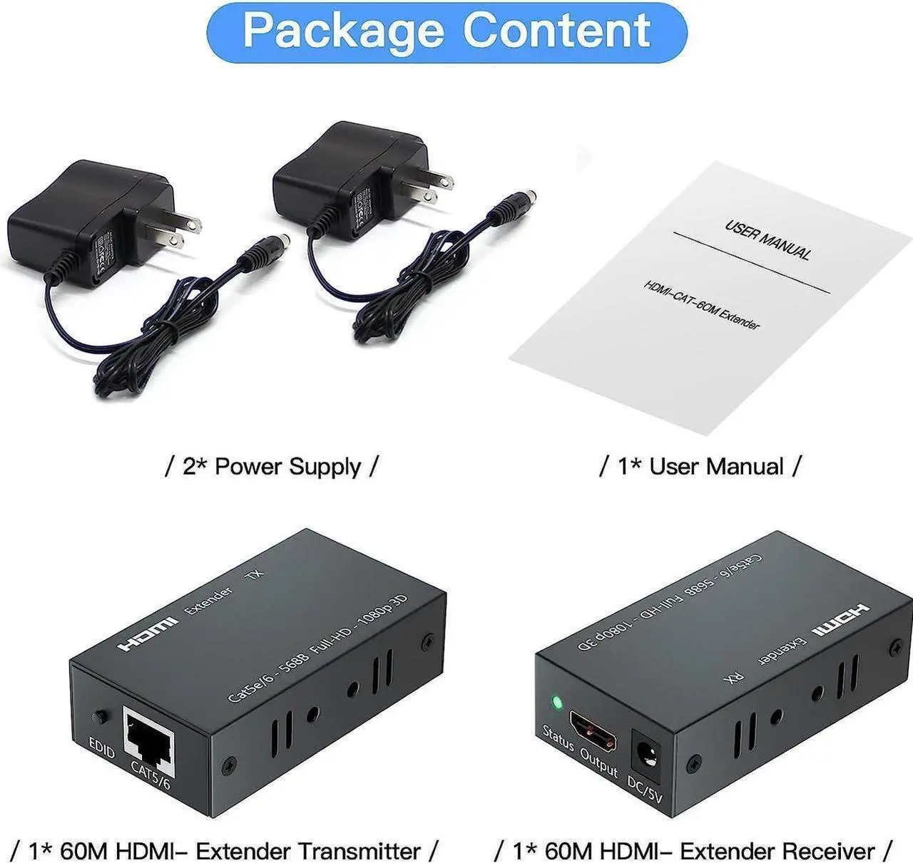 Alt view image 7 of 7 - HDMI Extender, 196ft/60m HDMI Extender (Tx + Rx) Via Single RJ45 Cat6 Ethernet Cable Transmit Up to 60M, Support 1080p, 3D, HDCP, with EDID Function