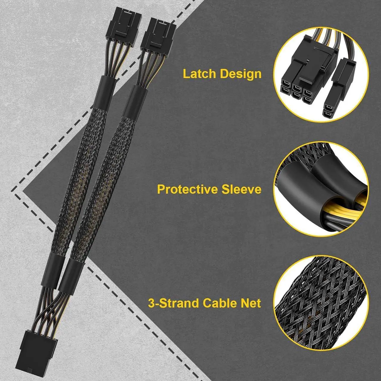 Alt view image 3 of 7 - 2-Pack PCIe 8 Pin to Dual 8 Pin (6+2) Power Adapter Cable, 9 Inches, with Heat-Shrink Tubing, PSU Cables for GPU, Female to Male PCIe 8 Pin Cable