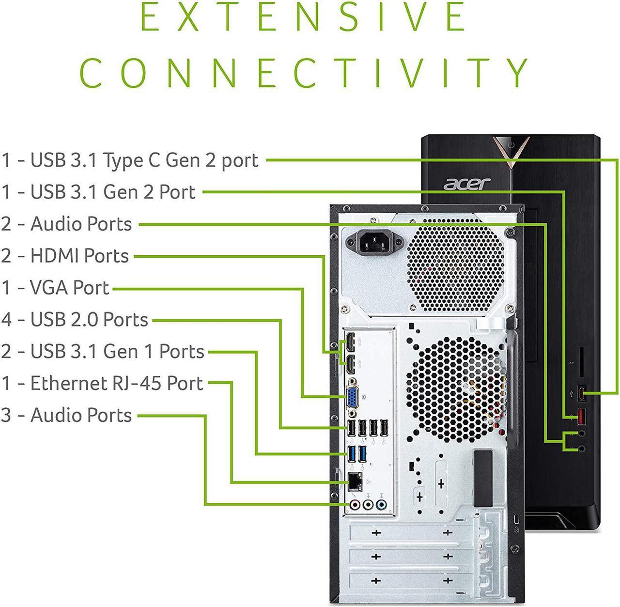 Alt view image 4 of 7 - Acer Aspire TC-885-UA92 Desktop, 9th Gen Intel Core i5-9400, 12GB DDR4, 512GB SSD, 8X DVD, 802.11AC Wifi, USB 3.1 Type C, Windows 10 Home, Black