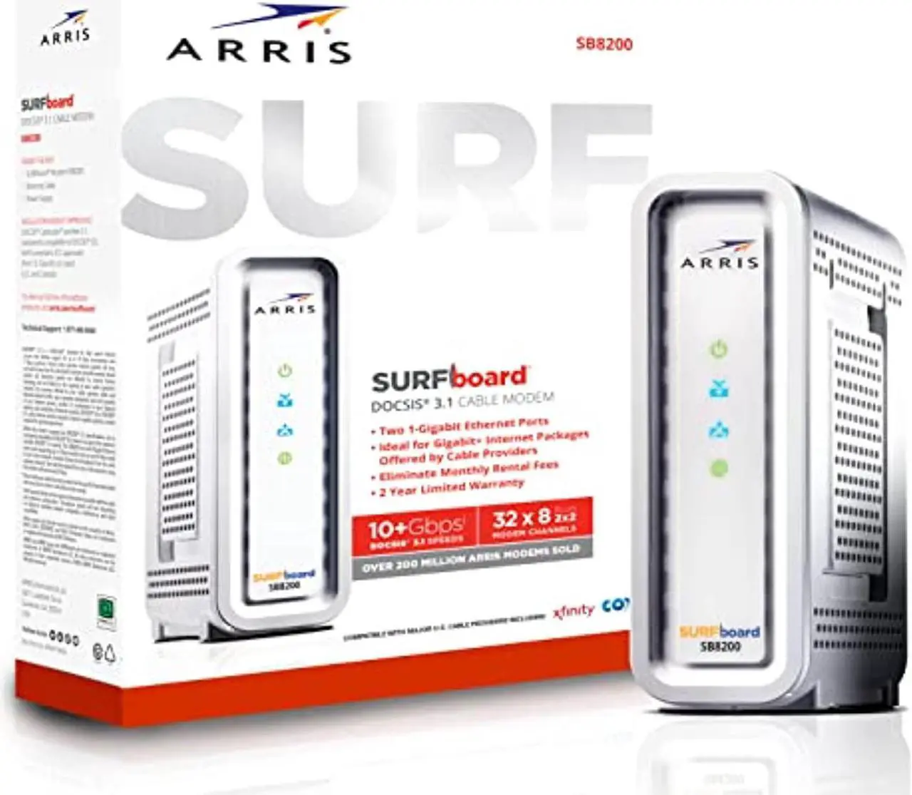 Alt view image 2 of 8 - arris surfboard sb8200 docsis 3.1 gigabit cable modem, approved for cox, xfinity, spectrum & others , white , max internet speed plan 2000 mbps