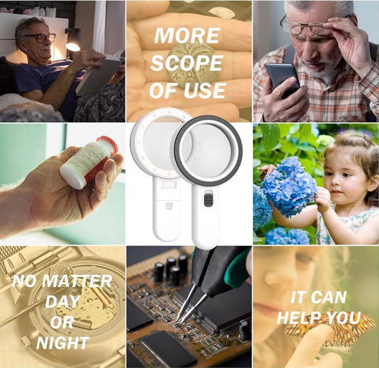 Alt view image 7 of 7 - Magnifying Glass with Light, 30X Handheld Large Magnifying Glass 12 LED Illuminated Lighted Magnifier for Macular Degeneration, Seniors Reading, Soldering, Inspection, Coins, Jewelry, Exploring(White)