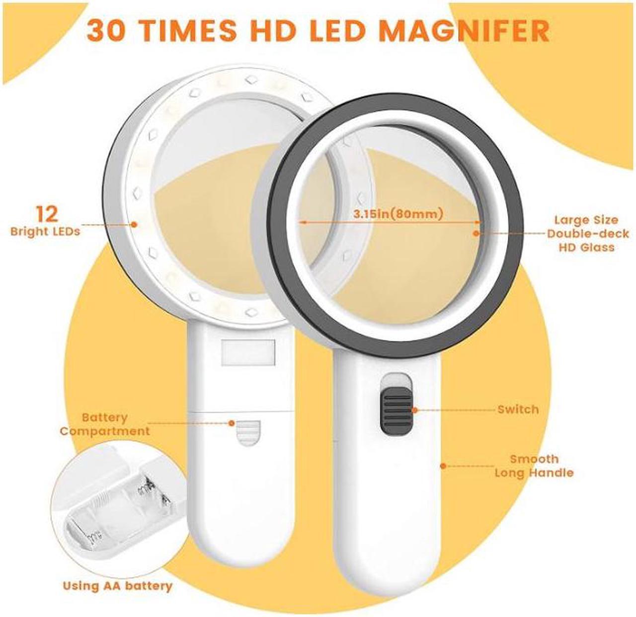 Alt view image 2 of 7 - Magnifying Glass with Light, 30X Handheld Large Magnifying Glass 12 LED Illuminated Lighted Magnifier for Macular Degeneration, Seniors Reading, Soldering, Inspection, Coins, Jewelry, Exploring(White)