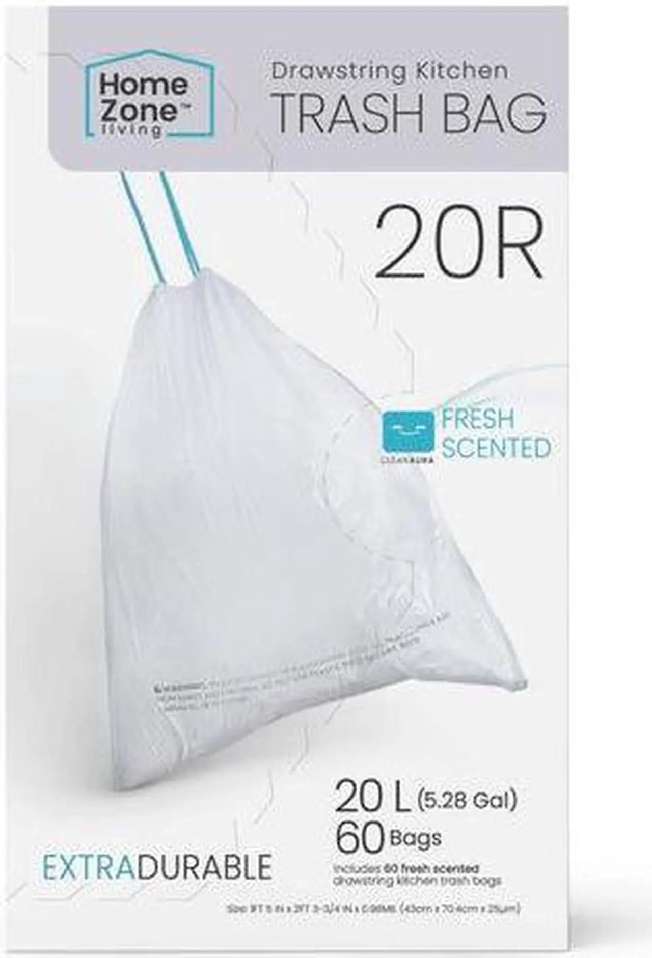 Main image of Home Zone Living 5.3 Gallon Kitchen Trash Bags with Drawstring Handles, Heavy Duty Custom Fit Design for 20 Liter Dual Recycling Liners, Code 20R, 60 Count