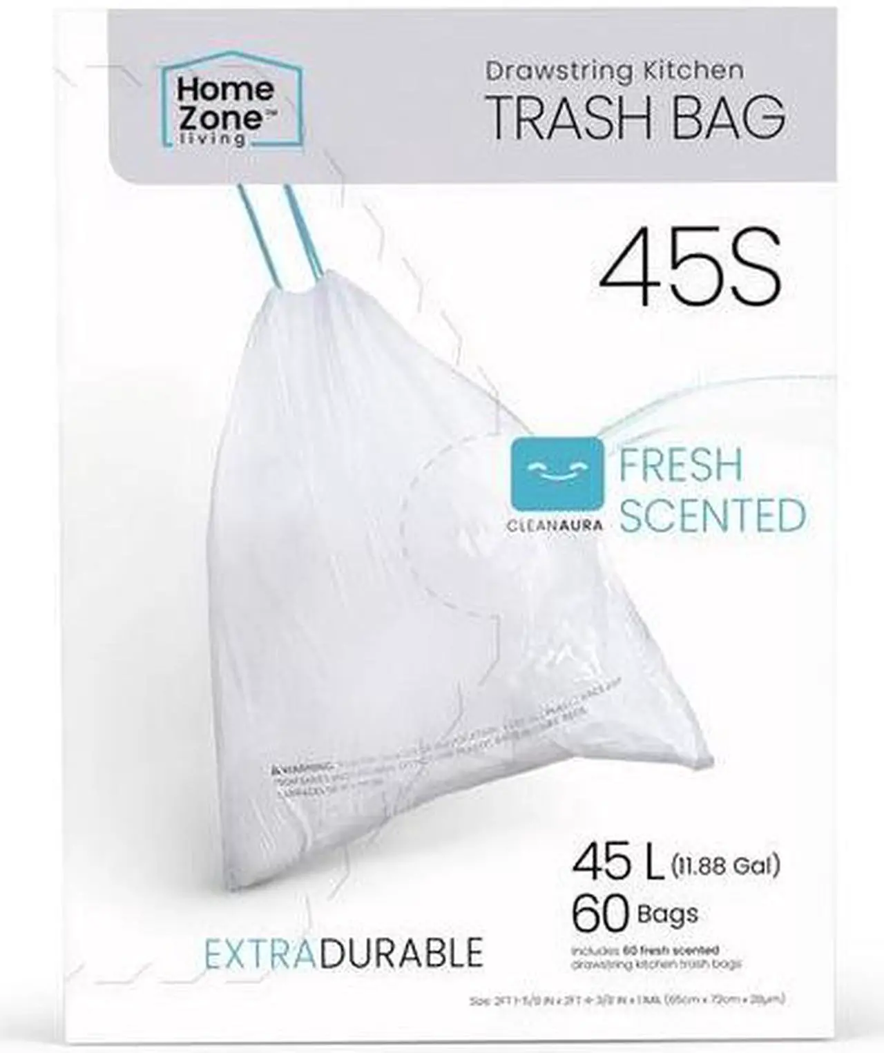Main image of Home Zone Living 12 -13 Gallon Kitchen Trash Bags with Drawstring Handles, Heavy Duty Custom Fit Design for Standard 45 to 50 Liter Kitchen Trash Cans, Code 45S, 60 Count