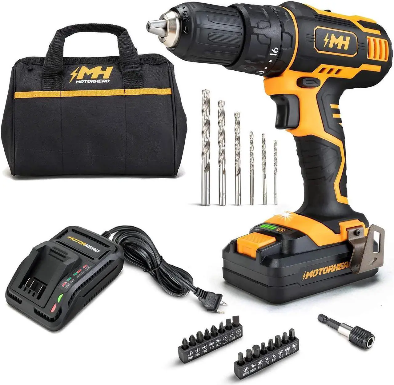 Main image of MOTORHEAD 20V ULTRA Cordless Drill Driver, Lithium-Ion, ½ Keyless Chuck, 16+1+1 Clutch, 2-Speed Transmission, Variable Speed Trigger, Built-in LED, 2Ah Battery, Charger, 22 Accessory Bits, USA-Based