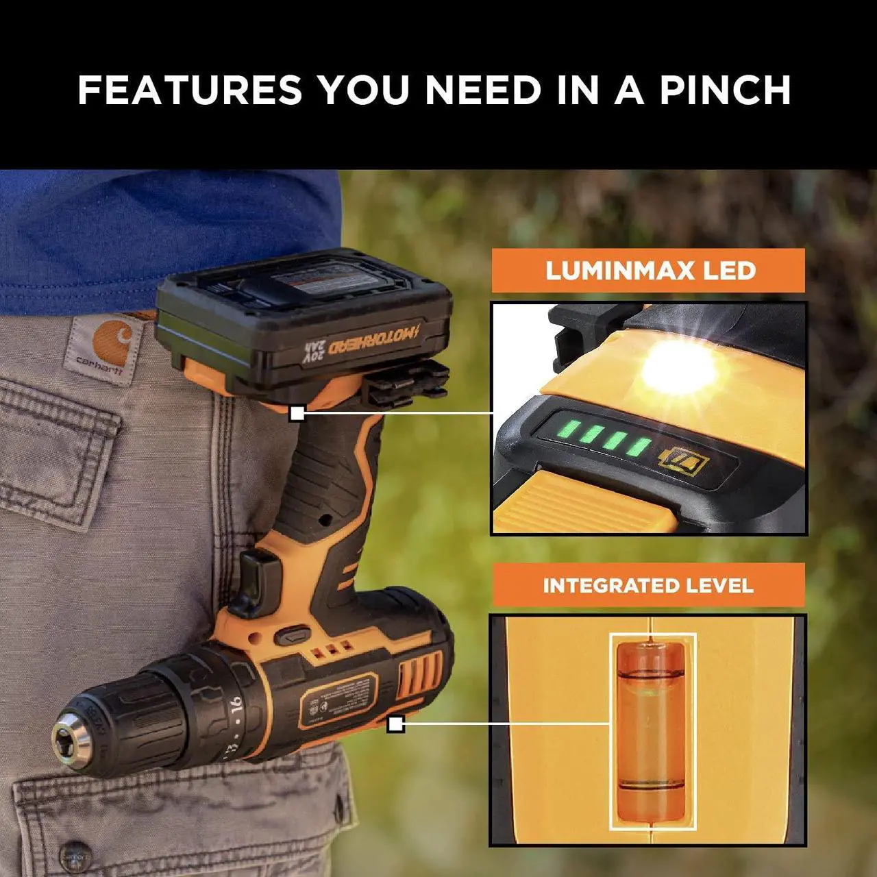 Alt view image 4 of 7 - MOTORHEAD 20V ULTRA Cordless Drill Driver, Lithium-Ion, ½ Keyless Chuck, 16+1+1 Clutch, 2-Speed Transmission, Variable Speed Trigger, Built-in LED, 2Ah Battery, Charger, 22 Accessory Bits, USA-Based