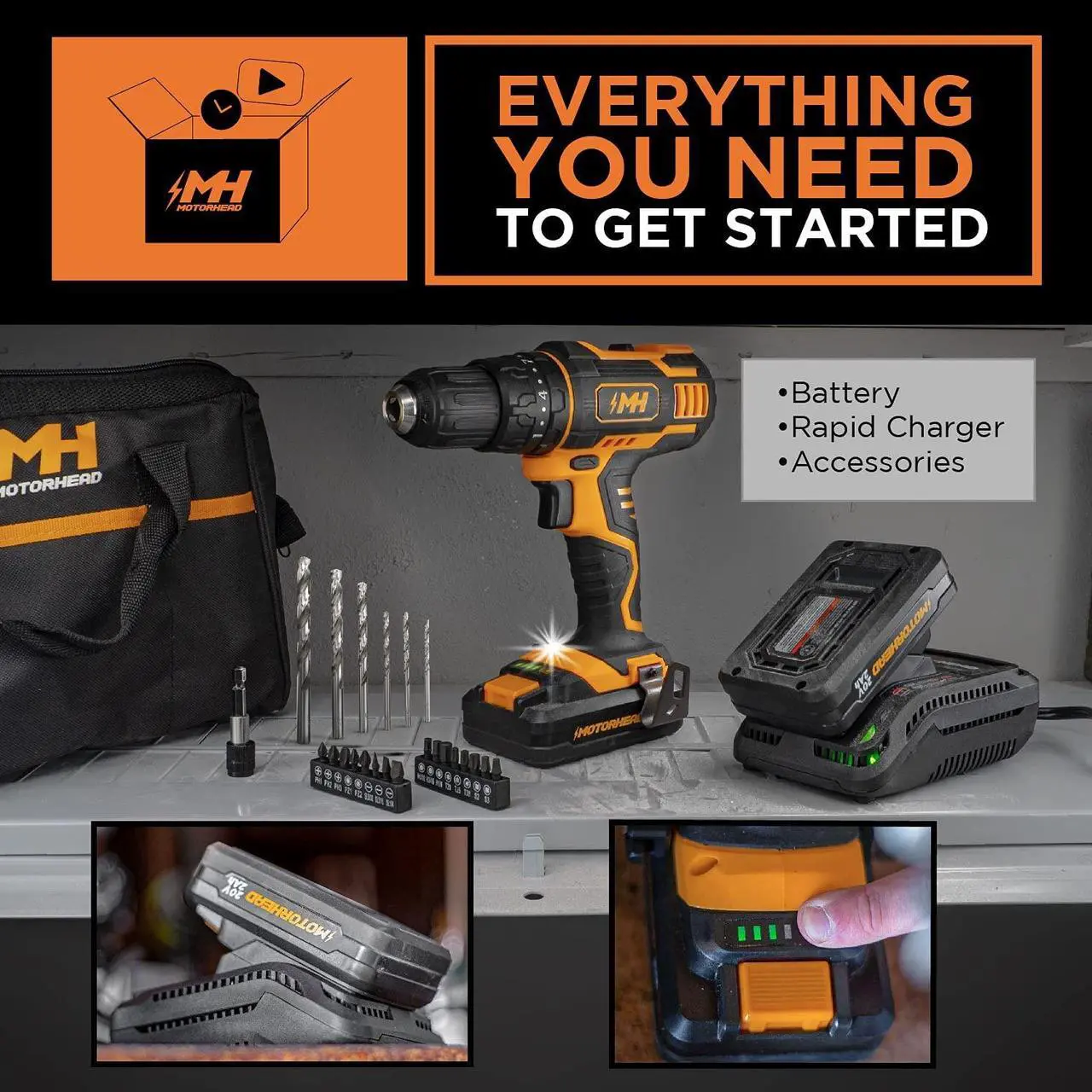 Alt view image 5 of 7 - MOTORHEAD 20V ULTRA Cordless Drill Driver, Lithium-Ion, ½ Keyless Chuck, 16+1+1 Clutch, 2-Speed Transmission, Variable Speed Trigger, Built-in LED, 2Ah Battery, Charger, 22 Accessory Bits, USA-Based