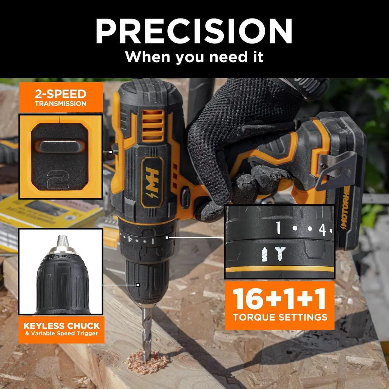 Alt view image 2 of 7 - MOTORHEAD 20V ULTRA Cordless Drill Driver, Lithium-Ion, ½ Keyless Chuck, 16+1+1 Clutch, 2-Speed Transmission, Variable Speed Trigger, Built-in LED, 2Ah Battery, Charger, 22 Accessory Bits, USA-Based