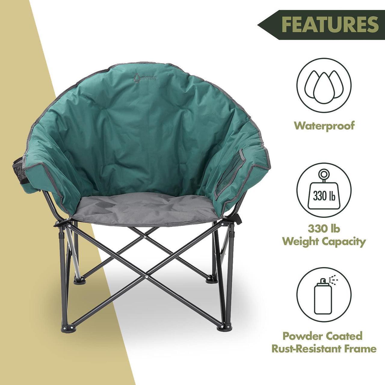 Alt view image 3 of 8 - ARROWHEAD OUTDOOR Oversized Heavy-Duty Club Folding Camping Chair w/ External Pocket, Cup Holder, Portable, Padded, Moon, Round, Saucer, Supports 330lbs, Carrying Bag, USA-Based Support, Green