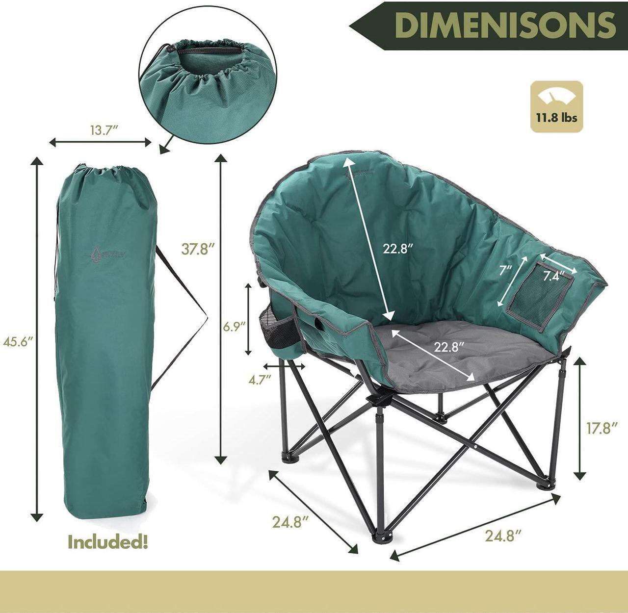 Alt view image 4 of 8 - ARROWHEAD OUTDOOR Oversized Heavy-Duty Club Folding Camping Chair w/ External Pocket, Cup Holder, Portable, Padded, Moon, Round, Saucer, Supports 330lbs, Carrying Bag, USA-Based Support, Green