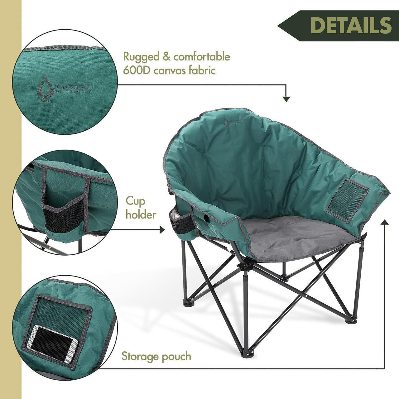 Alt view image 2 of 8 - ARROWHEAD OUTDOOR Oversized Heavy-Duty Club Folding Camping Chair w/ External Pocket, Cup Holder, Portable, Padded, Moon, Round, Saucer, Supports 330lbs, Carrying Bag, USA-Based Support, Green