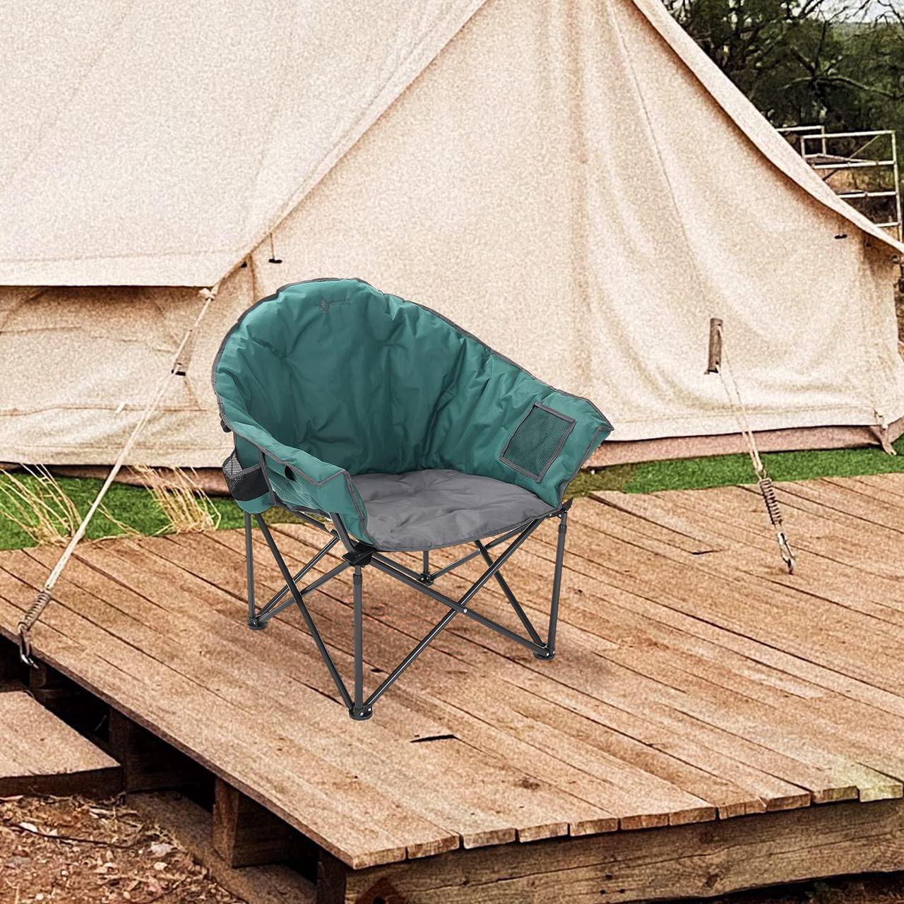 Alt view image 7 of 8 - ARROWHEAD OUTDOOR Oversized Heavy-Duty Club Folding Camping Chair w/ External Pocket, Cup Holder, Portable, Padded, Moon, Round, Saucer, Supports 330lbs, Carrying Bag, USA-Based Support, Green