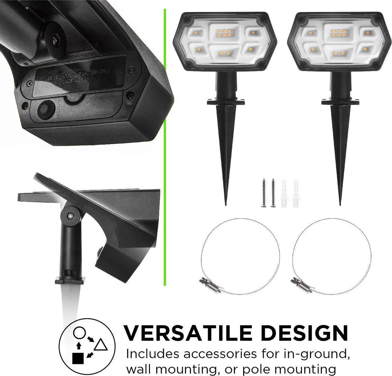 Alt view image 7 of 7 - Home Zone Security Solar Spotlights - Outdoor 500 Lumen High Brightness 3500K Warm Spot Light with 3 in 1, In-ground, Wall Mount, or Flag Pole Setup Design, Black (2-Pack)