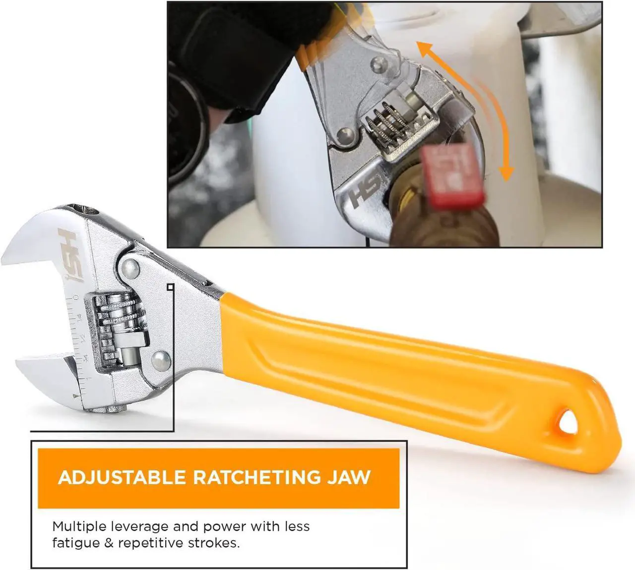 Alt view image 4 of 7 - STEELHEAD 8 Wide-Mouth Adjustable Ratcheting Wrench, Forged Heat-Treated Chrome Vanadium Steel, SAE Jaw Measurements, USA-Based Support