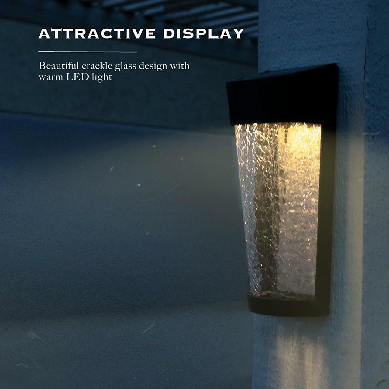 Alt view image 6 of 7 - Landia Home Solar Wall Light - Decorative Crackle Glass Shade LED Outdoor Wall Mounted Lights, 2-Pack