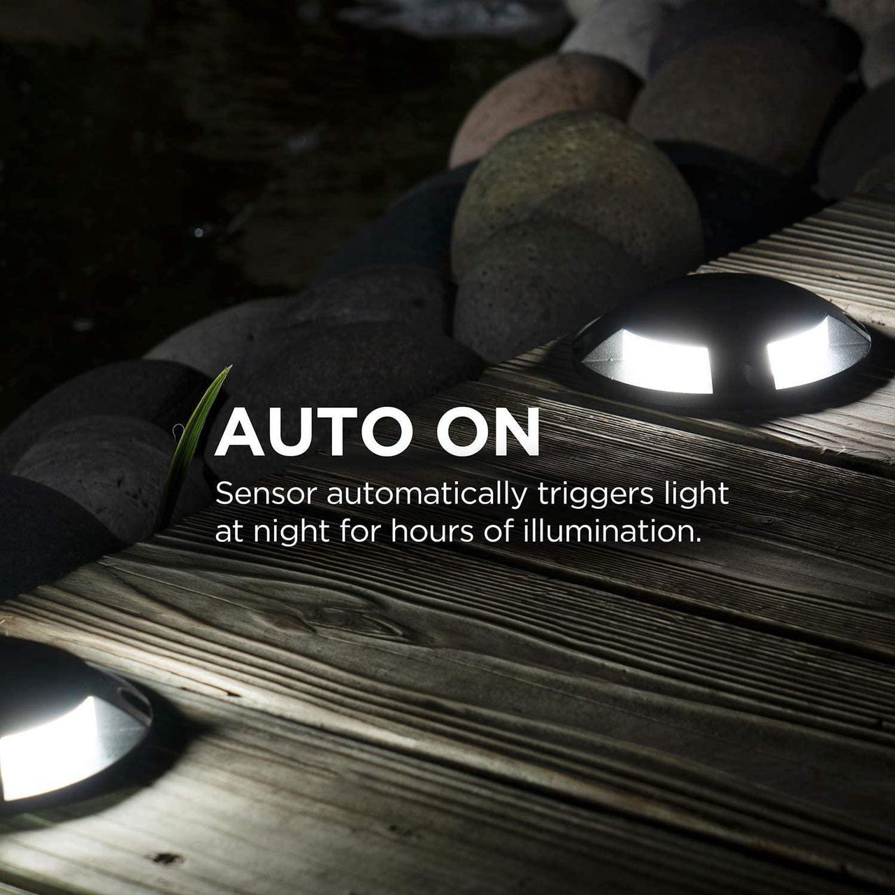 Alt view image 5 of 7 - Home Zone Security 4 Packs Solar Deck Light Outdoor 20 Lumens Waterproof Weather Resistant, No Wiring, Auto On Sensor Fence Light, Durable Aluminum Plastic Case for Decor Step Pathway Backyard Garden