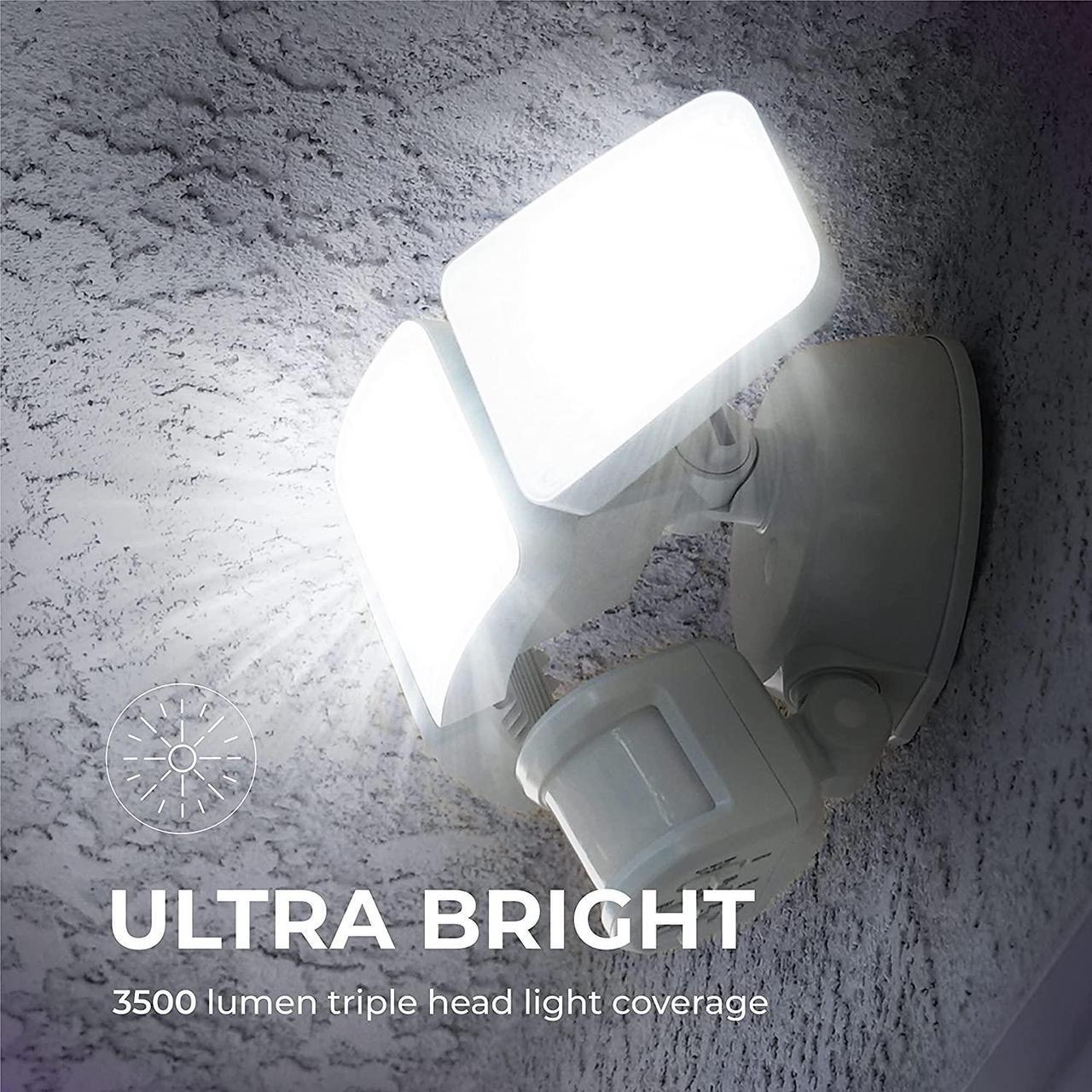 Alt view image 2 of 6 - Home Zone Security 3500 Lumen LED Motion Sensor Light - Outdoor Weather Resistant Triple Head 5000K Security Light with Dusk to Dawn Mode and Easy Connect Back Panel, White