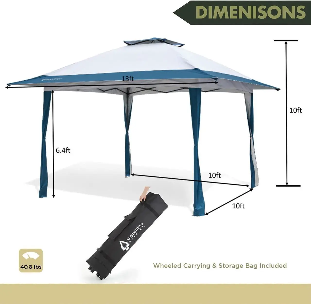 Alt view image 3 of 7 - ARROWHEAD OUTDOOR 13x13 Pop-Up Canopy & Instant Shelter, Easy One Person Setup, Water & UV Resistant 150D Fabric Construction, Adjustable Height, Wheeled Carry Bag, Guide Ropes & Stakes Included