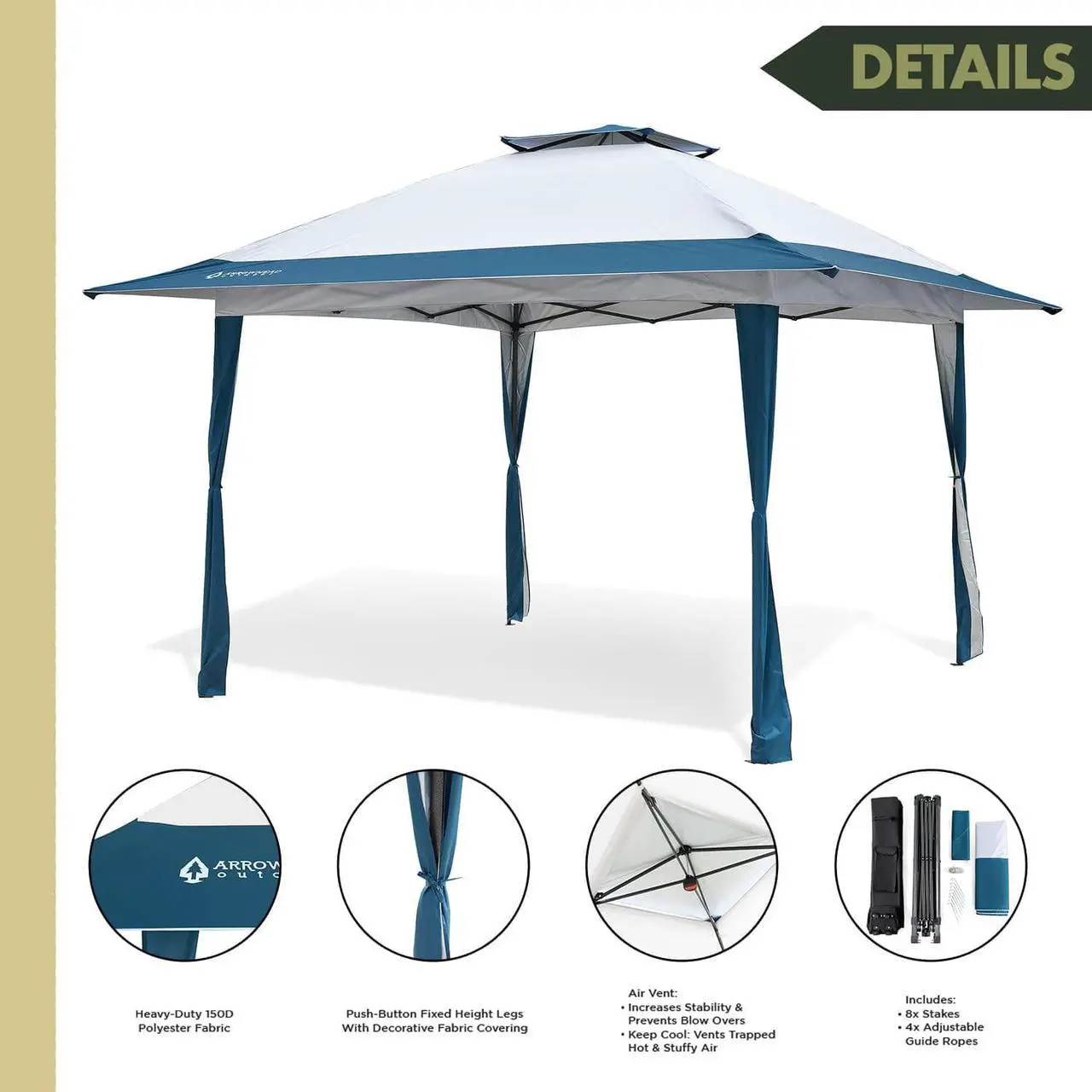 Alt view image 2 of 7 - ARROWHEAD OUTDOOR 13x13 Pop-Up Canopy & Instant Shelter, Easy One Person Setup, Water & UV Resistant 150D Fabric Construction, Adjustable Height, Wheeled Carry Bag, Guide Ropes & Stakes Included