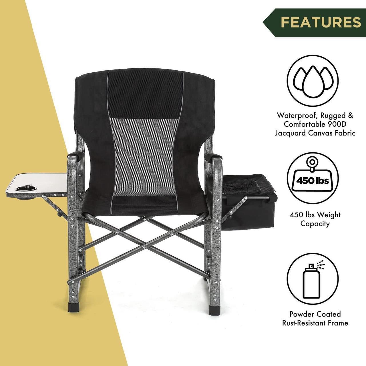 Alt view image 3 of 7 - ARROWHEAD OUTDOOR Folding Directors Chair w/ Side Table & Integrated Cooler, Cup Holder, Storage Pouch, Breathable Mesh Back, Supports up to 450lbs, Carrying Case, Steel Frame, High-Grade 900D Canvas
