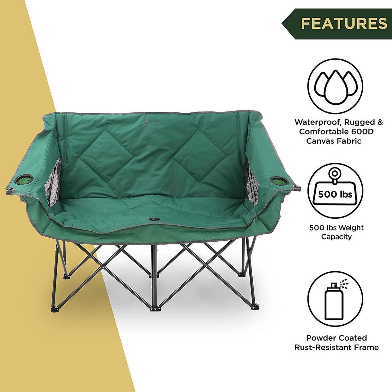 Alt view image 3 of 8 - ARROWHEAD OUTDOOR Portable Folding Double Duo Camping Chair Loveseat w/ 2 Cup & Wine Glass Holder, Heavy-Duty Carrying Bag, Padded Seats & Armrests, Supports up to 500lbs, USA-Based Support, Green