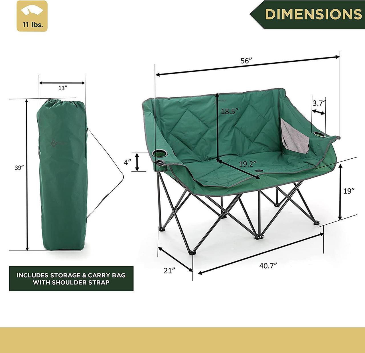 Alt view image 2 of 8 - ARROWHEAD OUTDOOR Portable Folding Double Duo Camping Chair Loveseat w/ 2 Cup & Wine Glass Holder, Heavy-Duty Carrying Bag, Padded Seats & Armrests, Supports up to 500lbs, USA-Based Support, Green