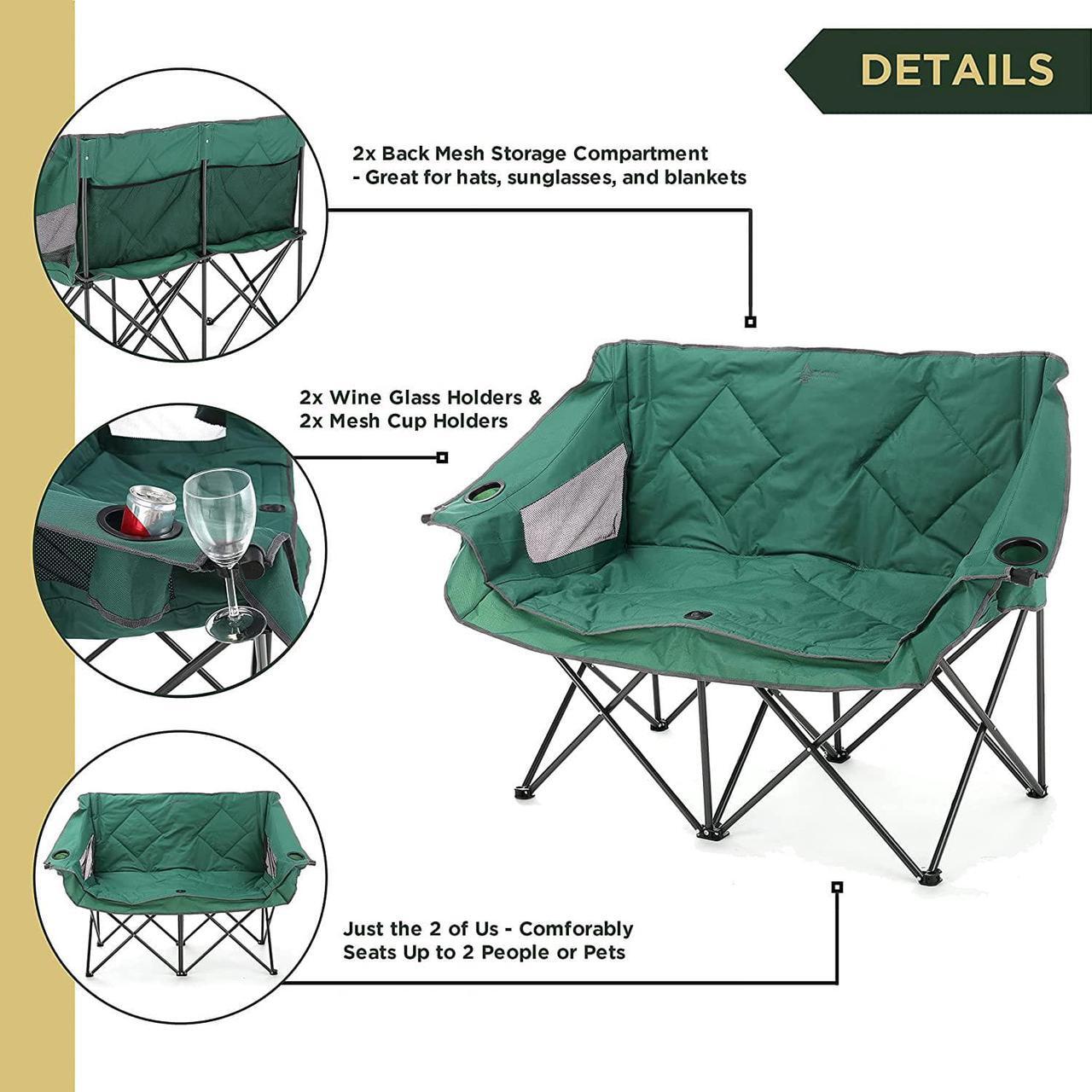 Alt view image 4 of 8 - ARROWHEAD OUTDOOR Portable Folding Double Duo Camping Chair Loveseat w/ 2 Cup & Wine Glass Holder, Heavy-Duty Carrying Bag, Padded Seats & Armrests, Supports up to 500lbs, USA-Based Support, Green